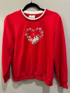 Alfred Dunner Vintage Inspired Embroidered Dove Heart Sweatshirt Red Size MP
